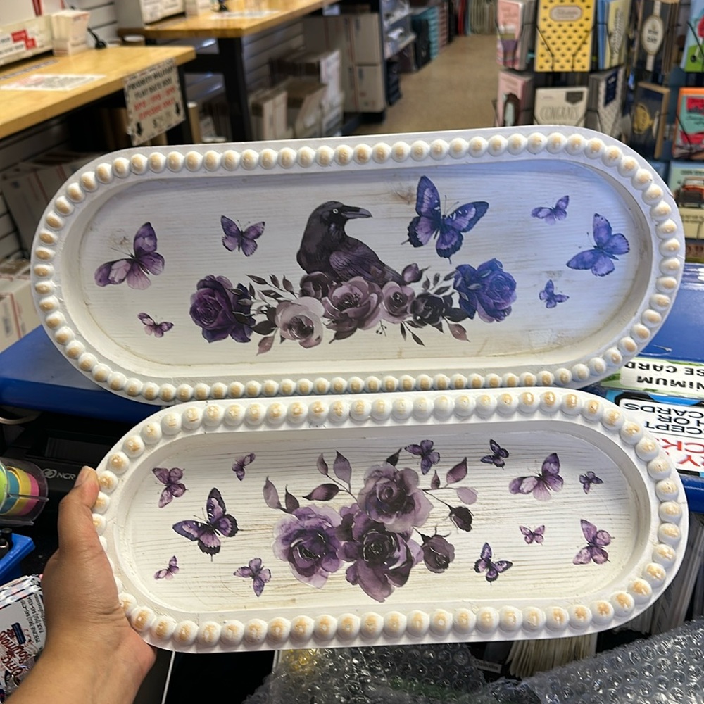 Decorative Purple Floral and Butterfly Tray- Set of 2